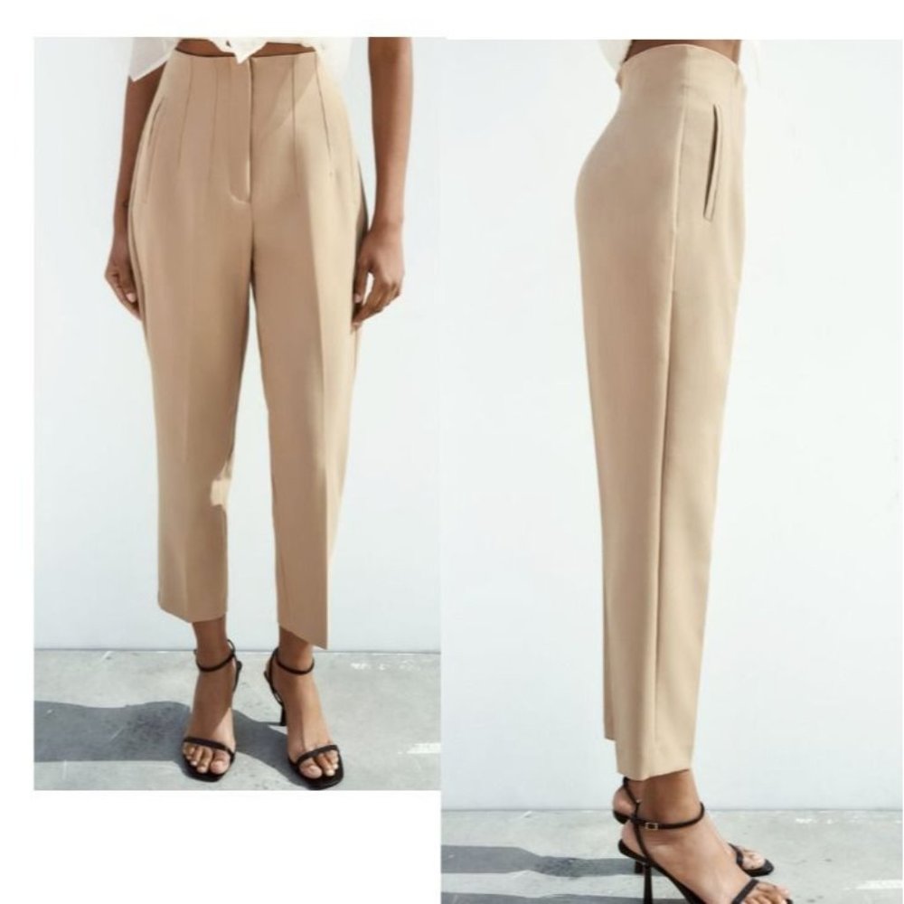 Tailored High-Rise Crop Pants in Beige